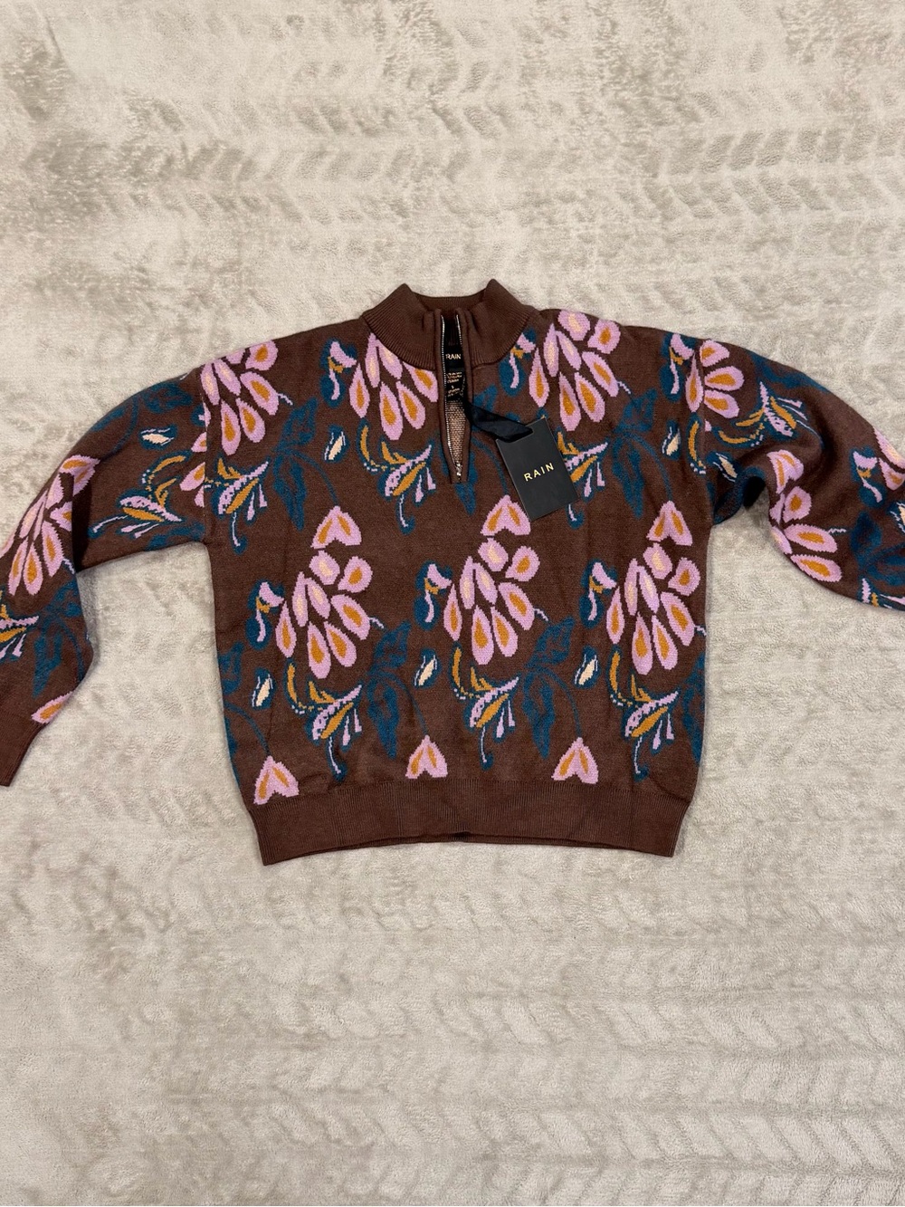 NWT RAIN Brown Pink Floral Layering Quarter Zip Mock Neck Sweater Size Small